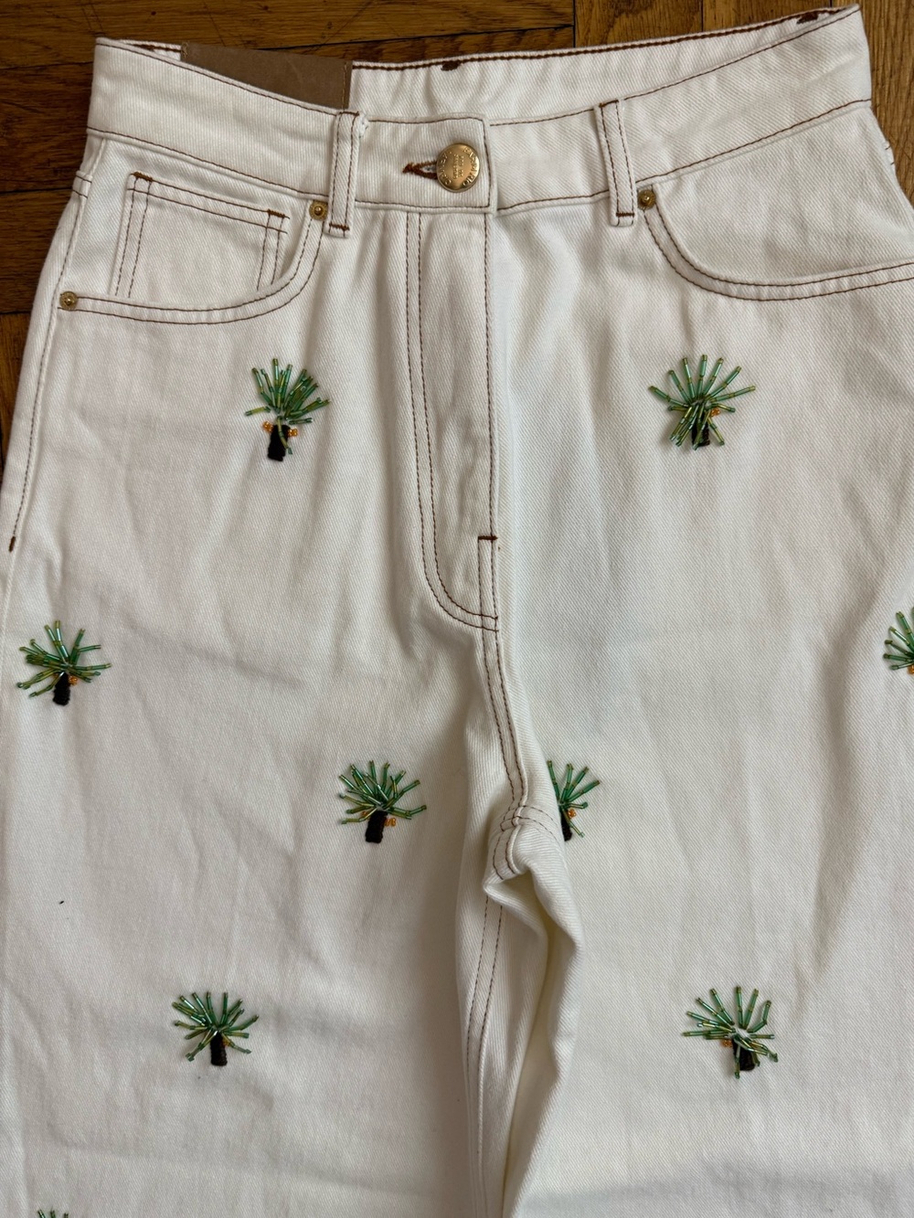 Farm Rio Embroidered Coconut Off-white Beaded denim - Picture 3 of 13